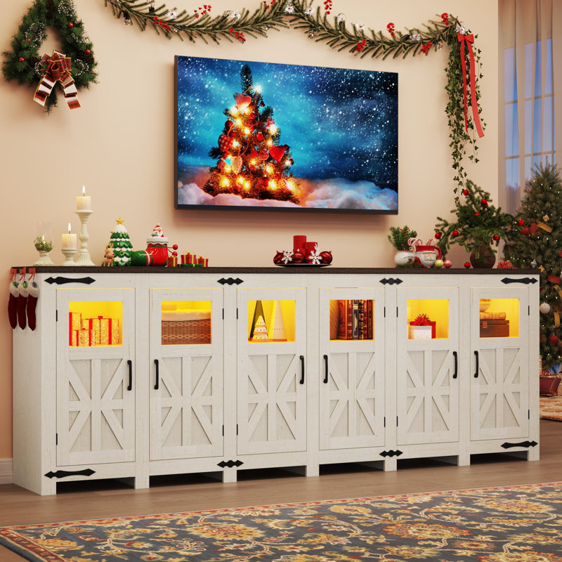 95.3” LED Farmhouse TV Stand For Tvs Up To 85" With Power Outlets And Adjustable Shelves, White/Brown