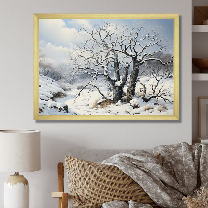 Winters Tree Sycamore 1 - Art mural sycomore, Cadre doré à coins fermés, H 16 po x l 32 po x P 1 po