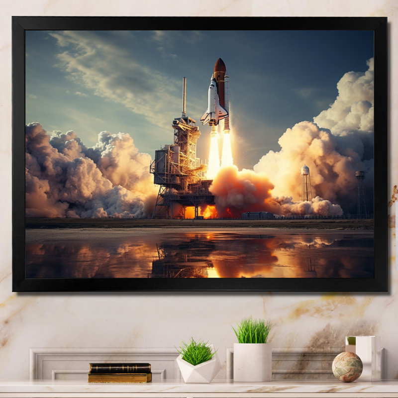 Navette spatiale épique Lancement I - Navette spatiale, art mural, Cadre simple noir, H 12 po x l 20 po x P 1 po