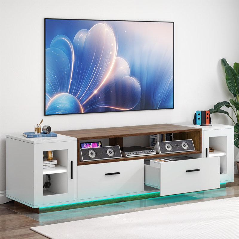 63" Sleek Modern Media Console with power Outlet, Brown/White