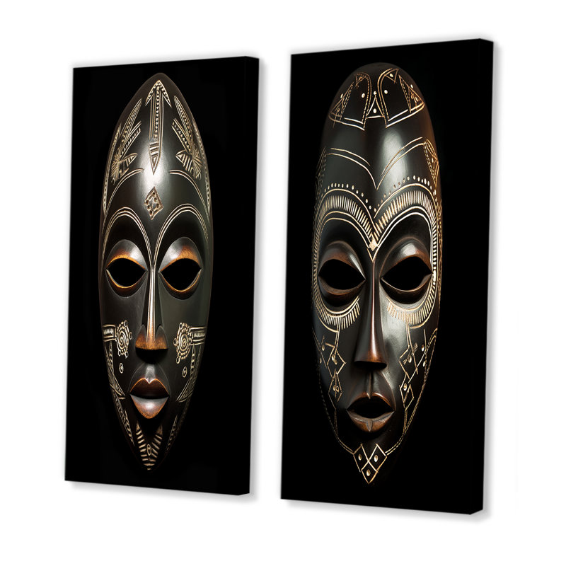 «Ethnical Traditional African Mask» - ensemble d'art mural tribal africain de 2 pièces, Toile tendue, H 40 po x l 40 po