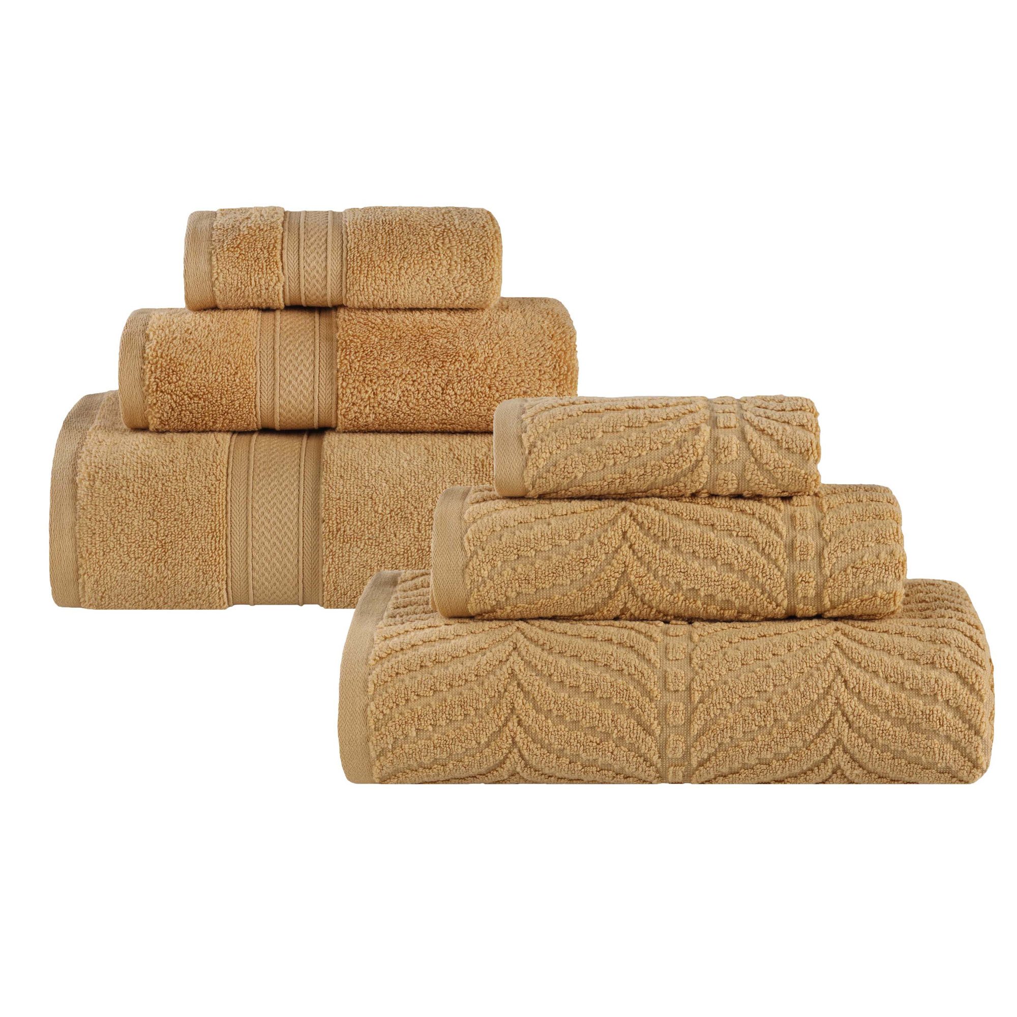 Amaretto Chevron Zero Twist Solid and Jacquard Cotton 6 Piece Bathroom Towel Set, Yellow Gold