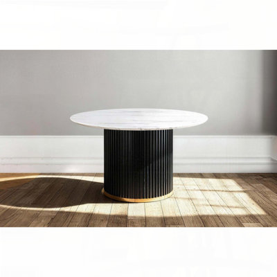 Round Faux Marble Dining Table with Black Wave Metal Base and Gold Trim (46", Seats 4)