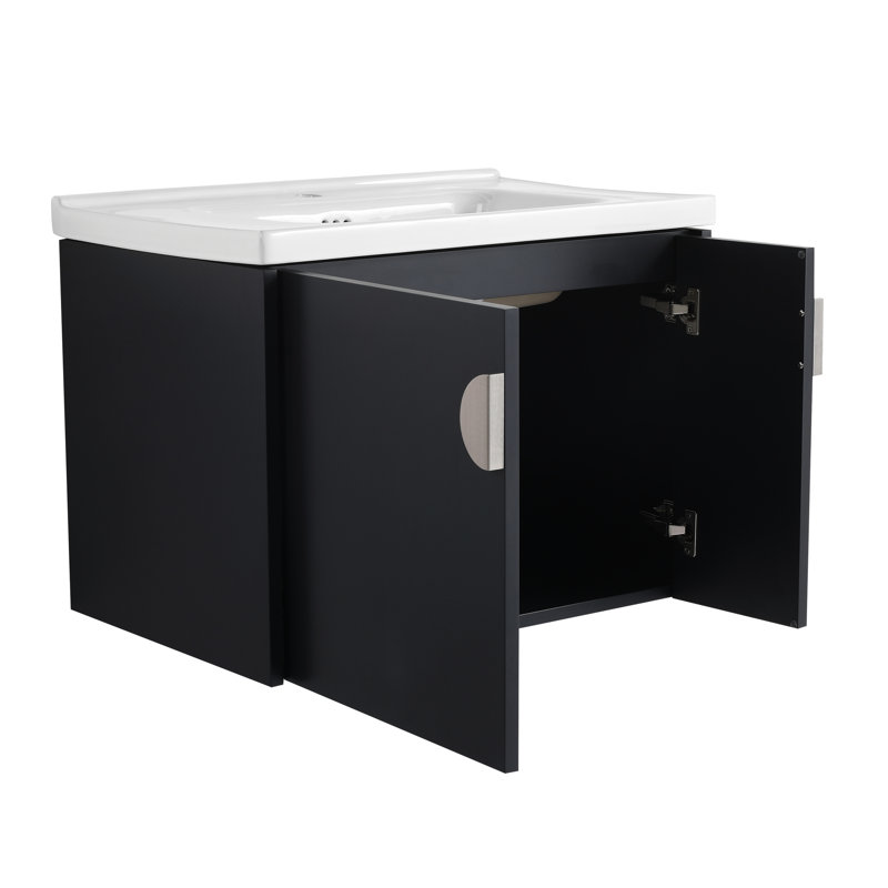 Meuble-lavabo noir 28 po avec lavabo en céramique - fixation murale pour espaces compacts et portes élégantes à fermeture douce