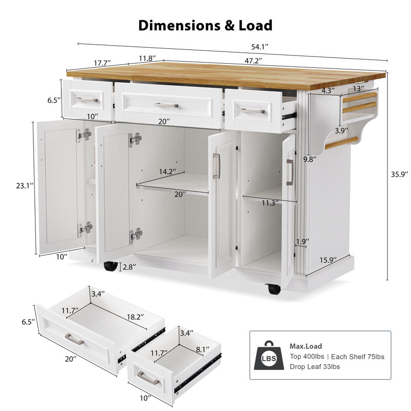 54-Inch Rubberwood Folding Side, Embossed Texture Kitchen Cart With Wheels, 4 Doors, 3 Drawers With Storage, White