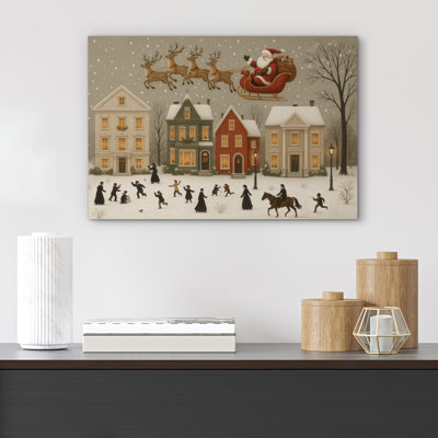 Christmas Holiday Celebration Vintage Christmas Santa Sleigh Snowy Town Scene Print Pictures Frame Canvas Print Wall Art