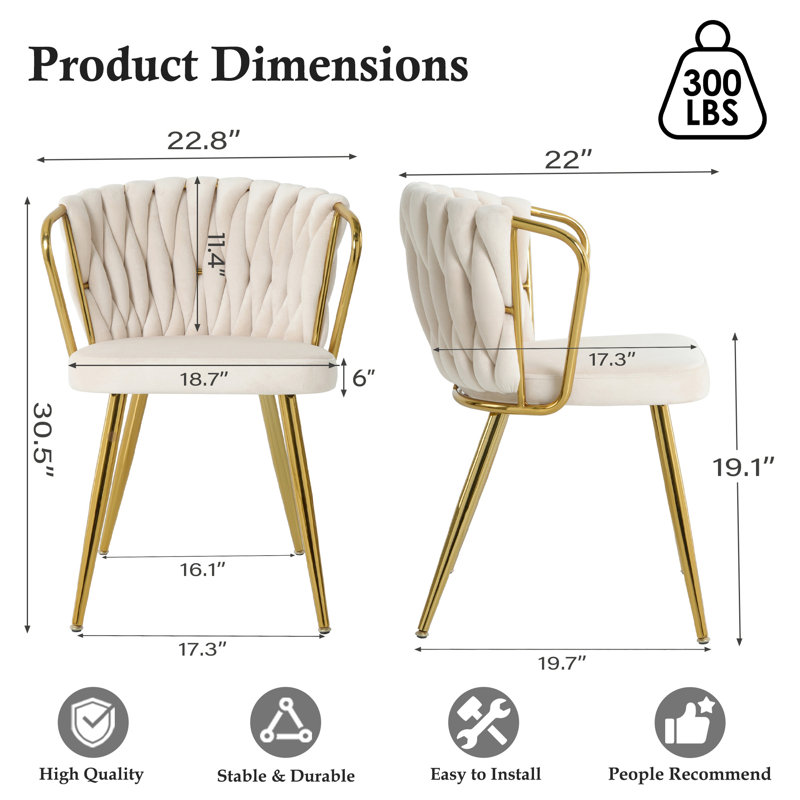 Modern Velvet Dining Chairs Set of 2, Woven Upholstered Dining Chairs with Slver Metal Legs, Modern Accent Chairs for Living Room, Dining Room, Kitchen