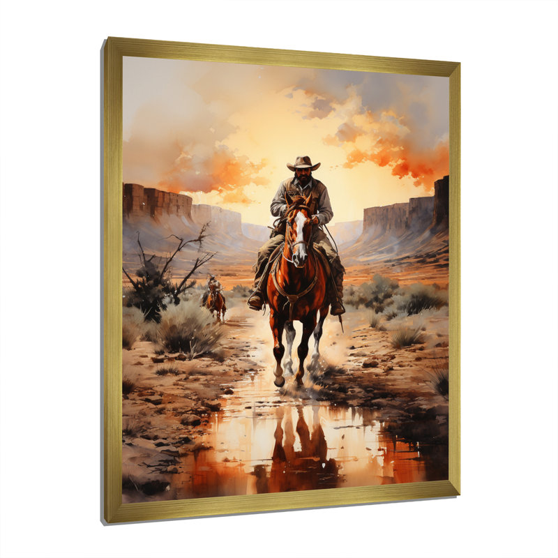 Mabe Cowboy Chassant le coucher du soleil II - Cowboys, art mural, Encadrement doré, H 32 po x l 24 po x P 1 po