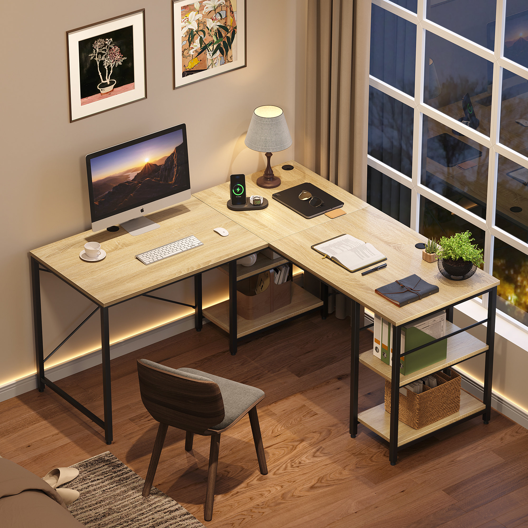 Annice 95.2 L Shaped Desks with Shelves Reversible Corner Computer Desk or 2 Person Long Table