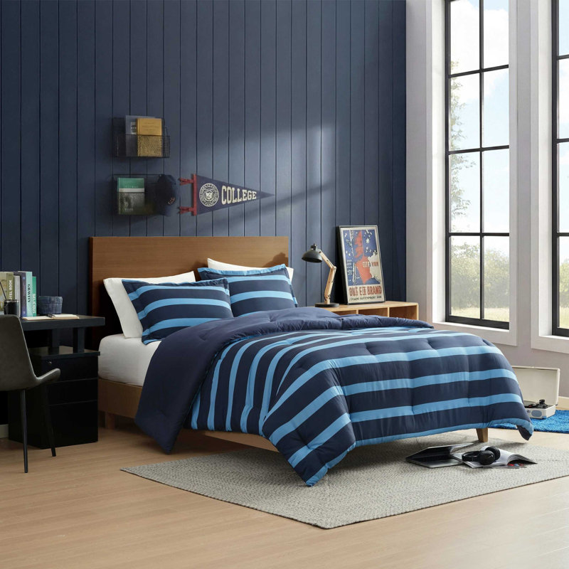 Ensemble d'édredon réversible bleu Nautica Keelson, Rayures bleues, Édredon pour très grand lit + 2 taies décorativ