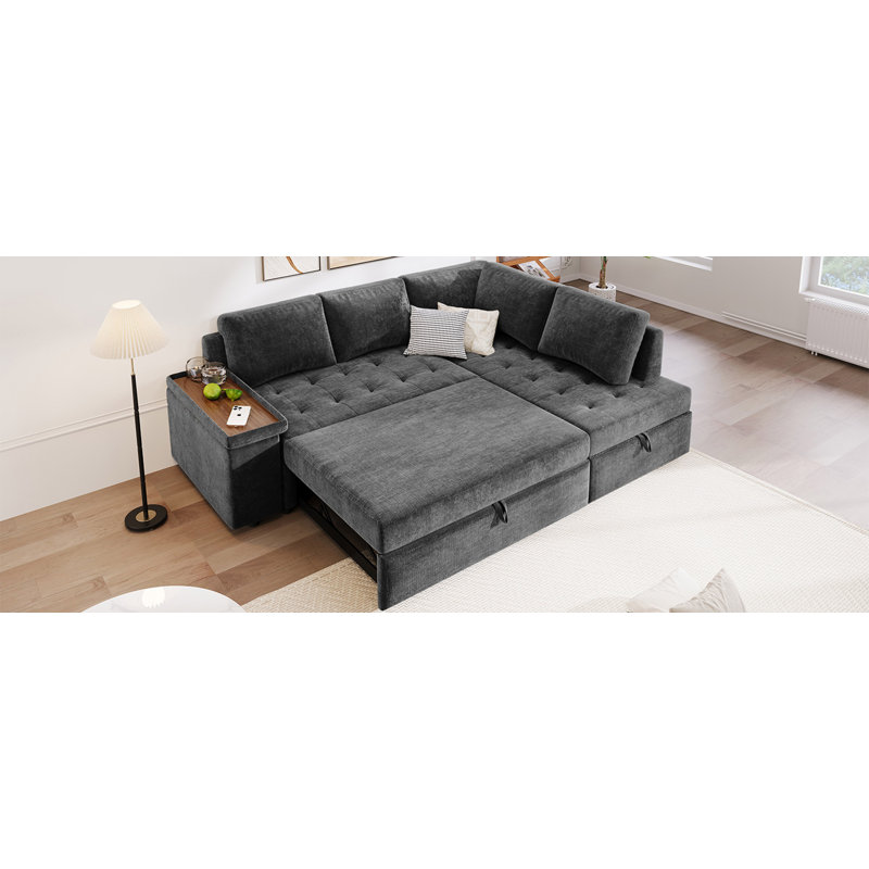 L Shaped Couch With Pull Out Bed And Storage Sectional Sleeper Sofa With Hidden Storage, Grey Polyester