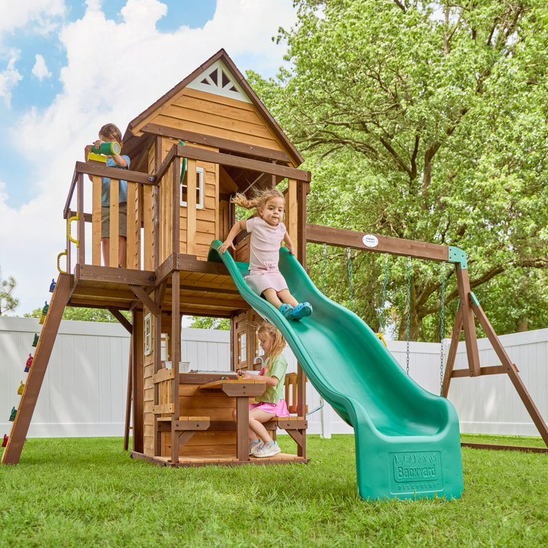 Backyard Discovery Spruce Hollow Spruce Wood Swing Set with Wave Slide, Clubhouse, Rock Wall, and Play Kitchen