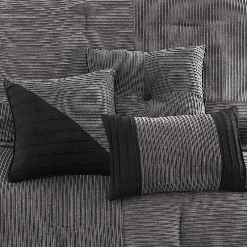 Édredon 7 pièces gris très grand pour chambre à coucher en velours côtelé confortable et élégant 102,22 po de profondeur pour une couverture complète