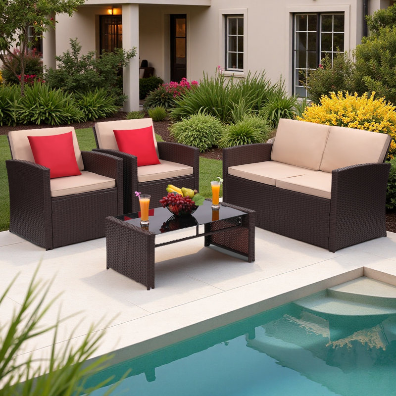 4-Piece All-Weather Wicker Patio Set – Rattan Sectional Sofa with Cushions and Glass Table, Brown Frame/Beige Cushion