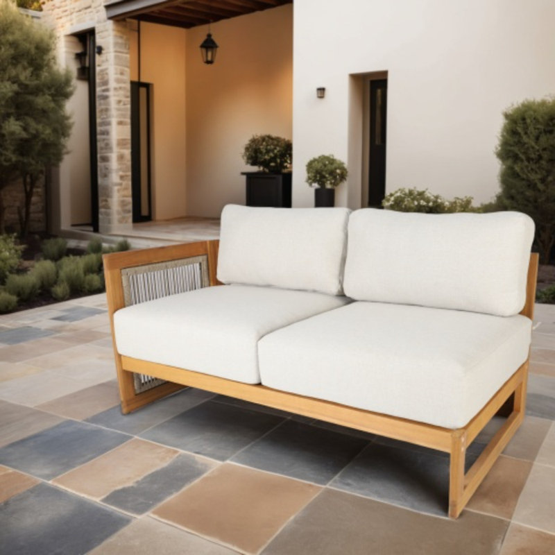 Guzal Acacia Wood Rope Weaving Patio Outdoor Sofa With Cream Cushions, Right 