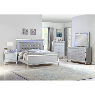 Sterling Queen Size Upholstered LED Bed Made With Wood In Silver Color