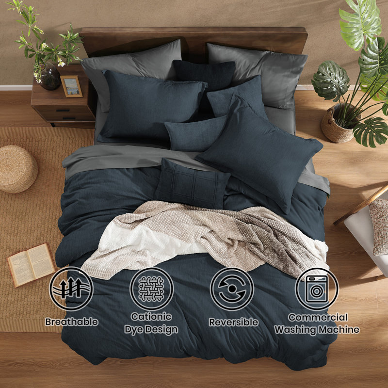 Cationic Comforter Set 7PC, Queen Comforter + 6 Additional Pieces, Navy Blue