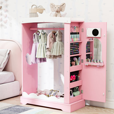 Girls Princess Dress-up Armoire Wardrobe With Mirror & Hidden Jewelry Cabinet, Kids Costume Storage Organizer