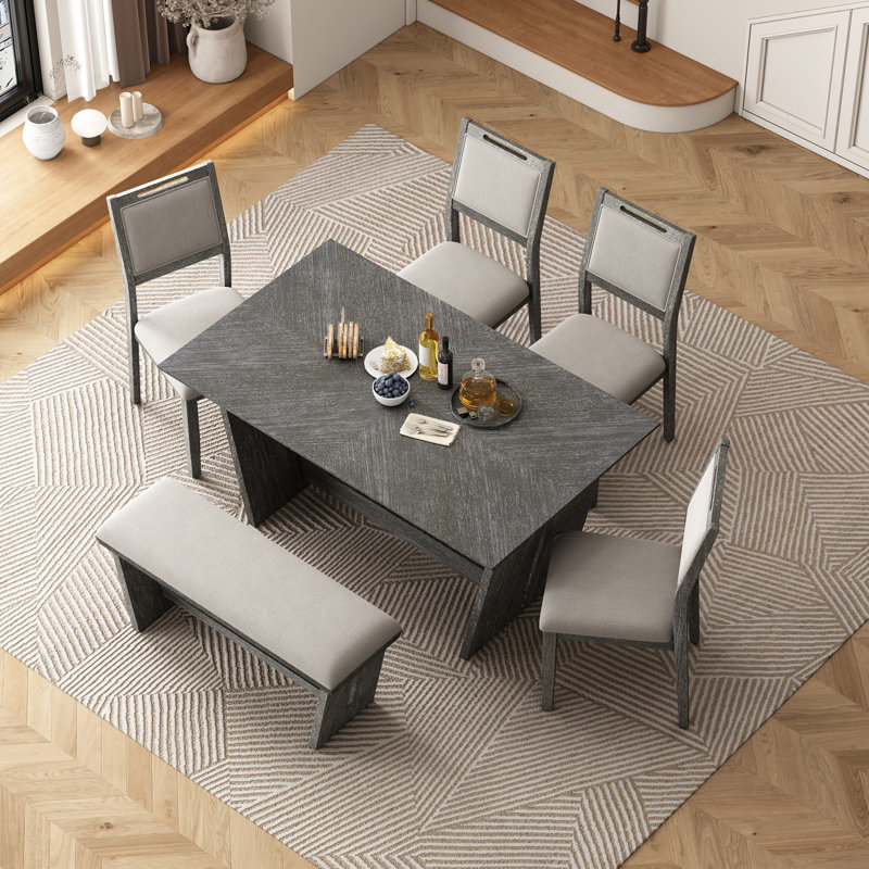 6-Piece Retro Dining Table Set For 6, 60 Inch Wood Kitchen Table And Chairs With Bench, Trestle Base For Versatile Use, Dining Table Set