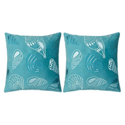 Blue Spa Tone Seashell Embroidered Velvet Square Throw Pillows Set of 2, 20 by 20 Inch Decorative Accent Pillows, Optional Down Alternative Insert and Hidden Zipper for Living Room Coastal Home Decor
