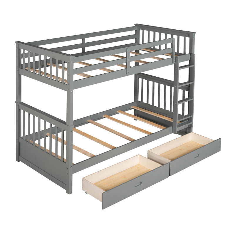 Lit superposé simple au-dessus de simple avec échelles et deux tiroirs de rangement (gris), Gris