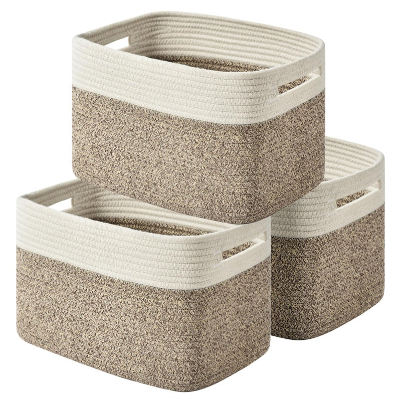 Set of 3 Beige and Off-White Woven Cotton Rope Storage Baskets
