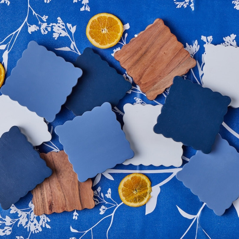 Scalloped Wood Coasters, Square, Natural/White/Blue