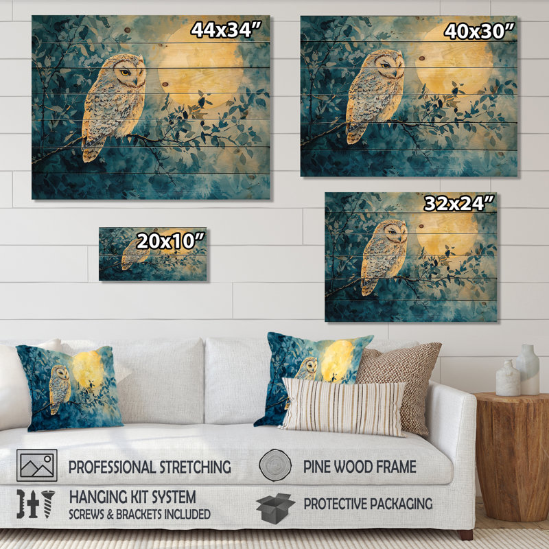 Aquarelle de hibou au clair de lune Tranquility II - décoration murale en bois animal hibou - sur bois de pin naturel