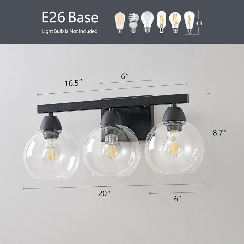 Éclairage pour meuble-lavabo 3 lumières de qualité supérieure avec abat-jour en verre soufflé à la main, applique murale noire mate résistante aux chocs pour le miroir de salle de bain, de cuisine et de chambre à coucher