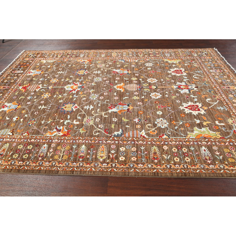 Tapis brun en laine noué à la main de conception unique 8 pi 1 po x 10 pi 5 po New Age