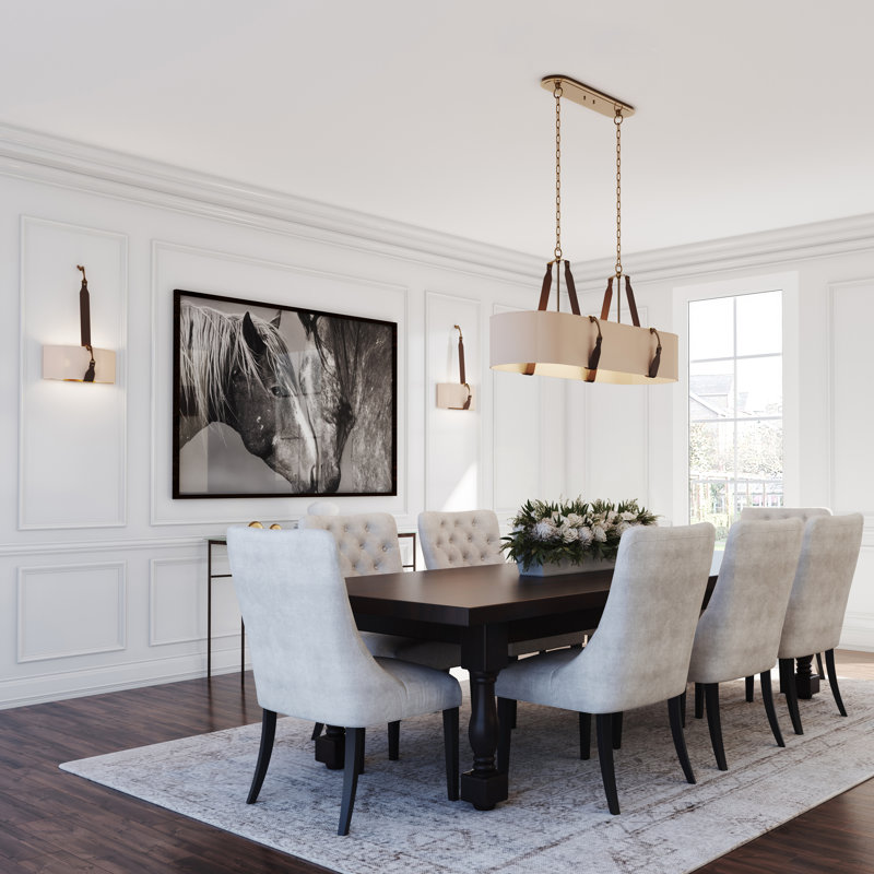 Saratoga 4 - Light Kitchen Island Linear Pendant, Flax Shade, Antique Brass, Chestnut Leather