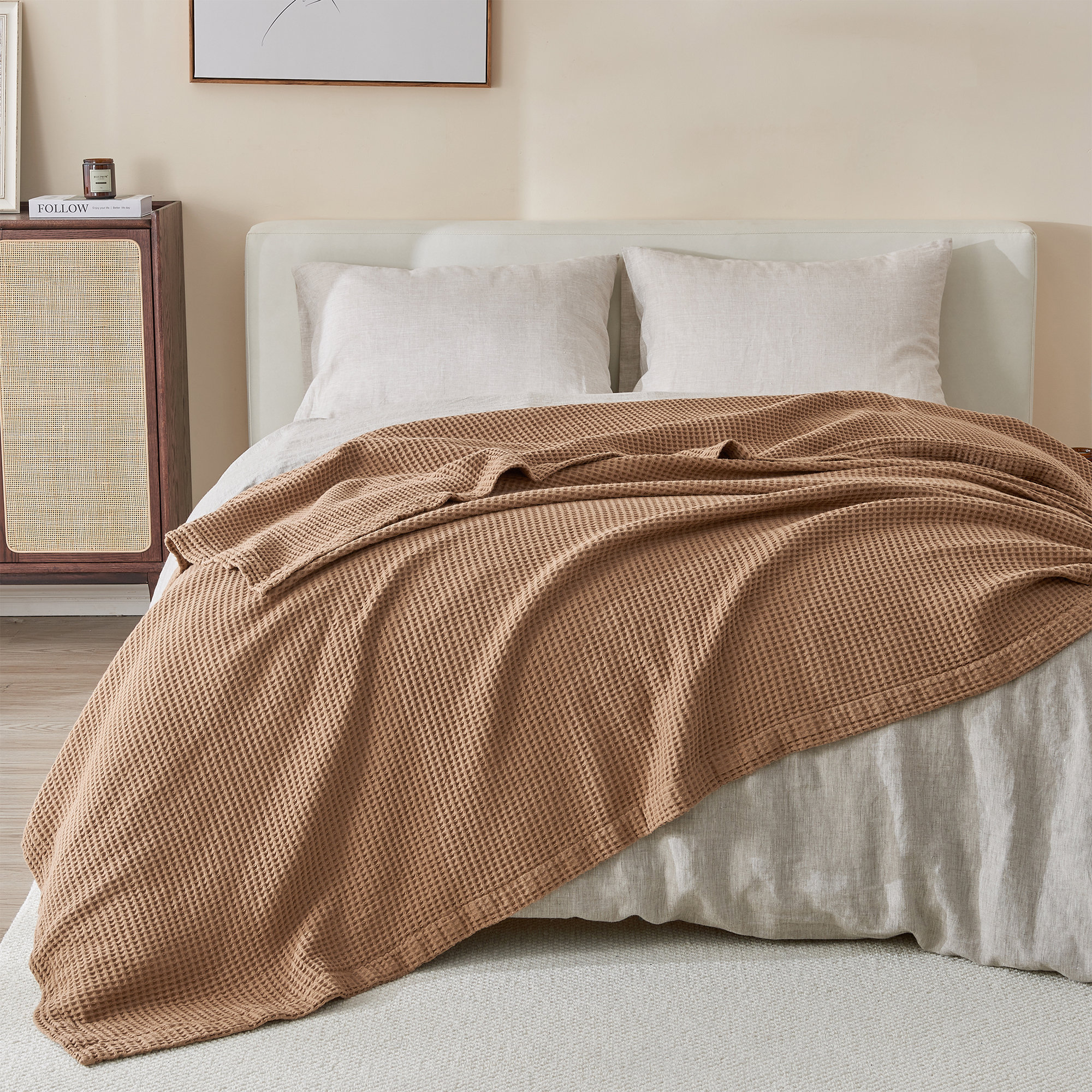 100% Cotton Waffle Weave Blanket, Full/Queen, Toffee