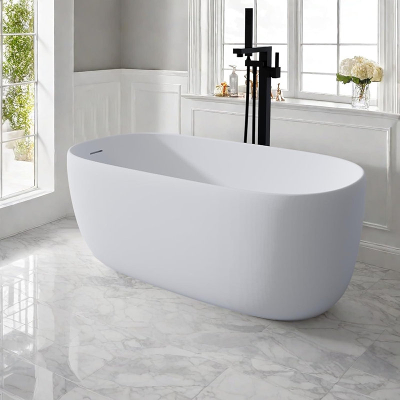 51"Resin Stone Bathtub, Oval Solid Surface Soaking Bathtubs with Built-in Overflow and Pop-up Drain