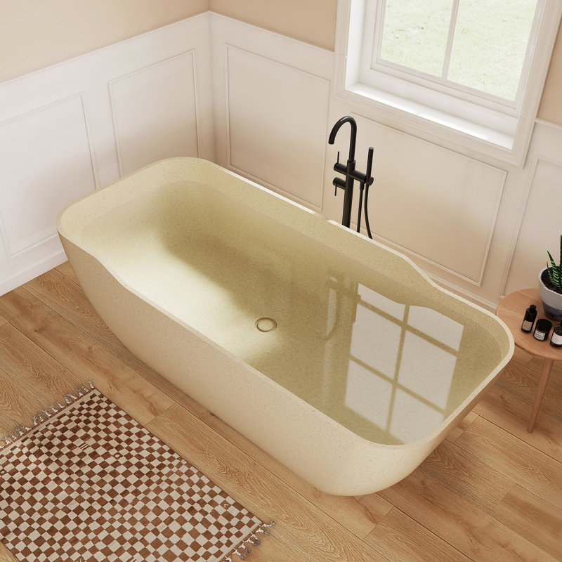 Fslefay 71'' Terrazzo Freestanding Solid Surface Concrete Soaking Bathtub, Yellow