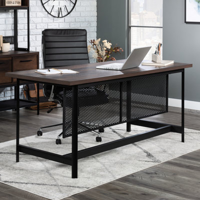 Bureau industriel brun avec espace de travail spacieux pour le bureau à domicile, chargement sans fil Qi optionnel, forme rectangulaire, base en métal en forme de H, finition laquée, idéal professionnel et utilisation, 64,8 x 30 x 29,13