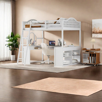 Lit mezzanine double avec rangement peu encombrant, bureau en bois aggloméré moderne