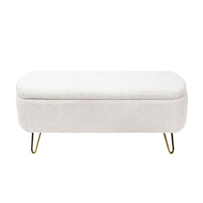 Ivory White Storage Ottoman Bench For End Of Bed Gold Legs, Modern Ivory White Faux Fur Entryway Bench Upholstered Padded With Storage For Living Room Bedroom