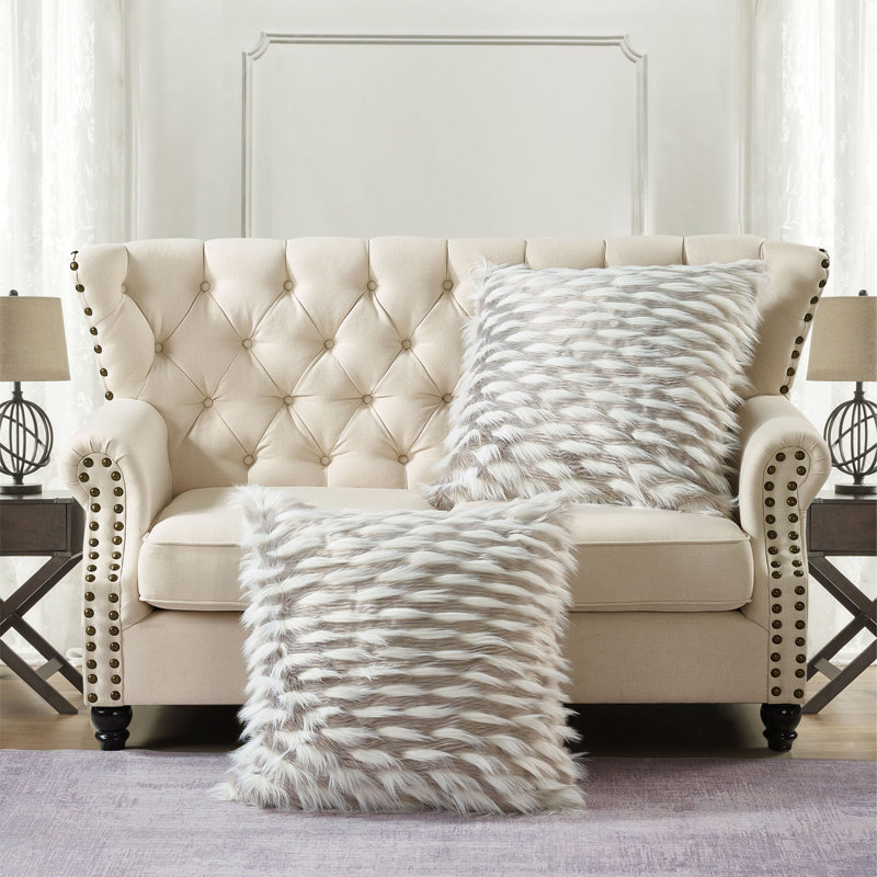 Feathery Faux Fur Euro Throw Pillow Cover, Gray
