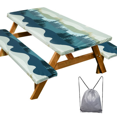 Picnic Table Cover Bench Covers Camping Essentials Tablecloth | Waterproof Vinyl for Outdoor, Windproof Elastic Fitted Edges, RV BBQ Accessories Must Haves, Storage Bag Included