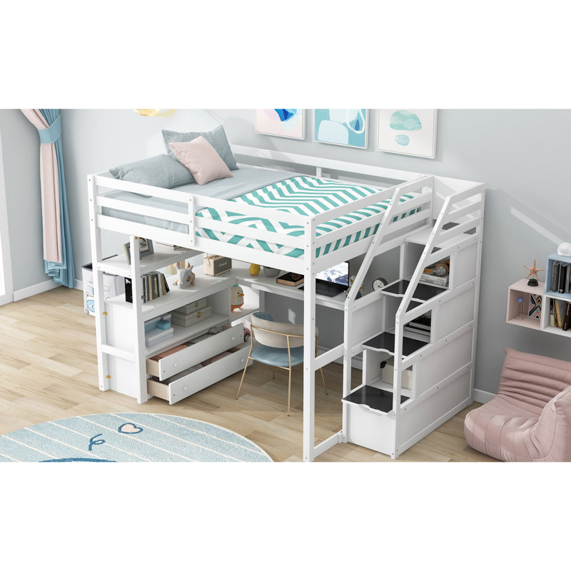 Lit mezzanine double avec bureau, tablettes et rangement - Blanc, Blanc, Lit double