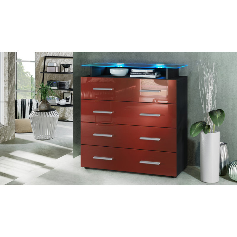 Mazur 4 Drawer 76cm W Chest, Black/Bordeaux, With LED