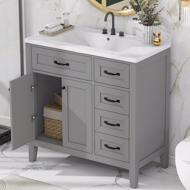 Meuble-lavabo 36 po avec lavabo et armoire gris avec tiroirs, Gris