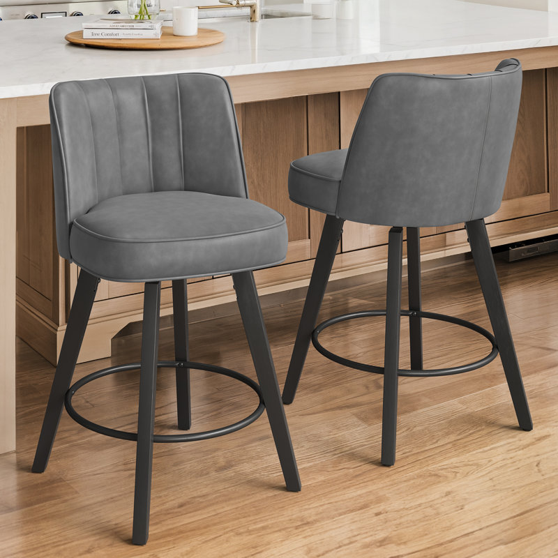 Norflett Solid Wood Swivel Counter Stool, Dark Gray Seat/ Black Frame