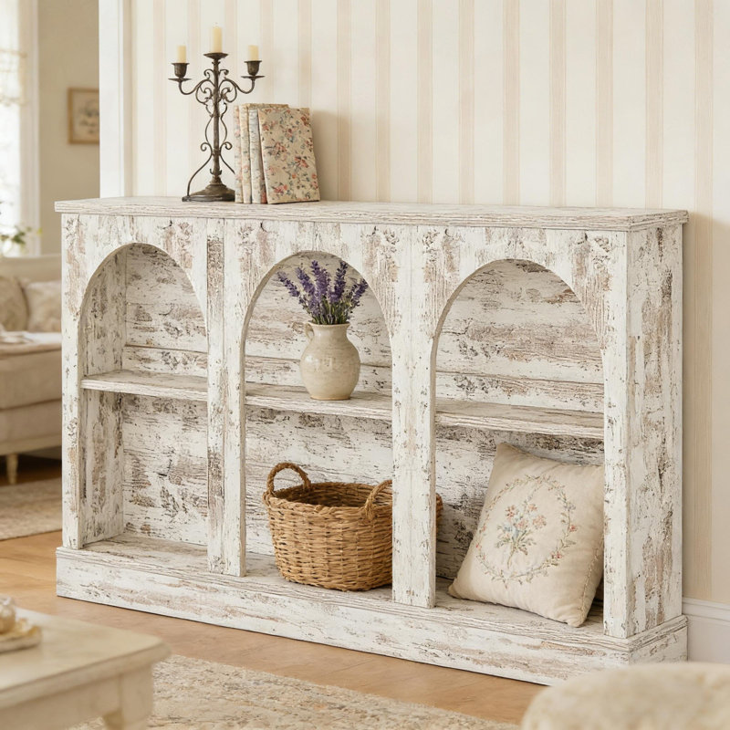 Table d'entrée de ferme avec design arqué et pieds réglables, Blanc, Blanc, Blanc