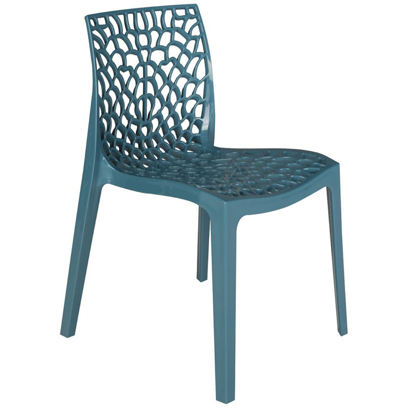 Gruvyer Spider Web Design Indoor Outdoor Stacking Plastic Dining Chairs - 4 Chairs, Glossy Tempest Blue