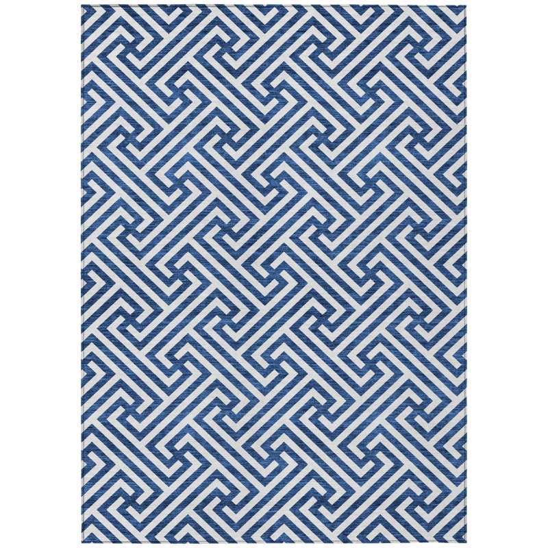 Tapis intérieur / extérieur bleu et ivoire à motif géométrique lavable, Rectangulaire 3 pi x 5 pi
