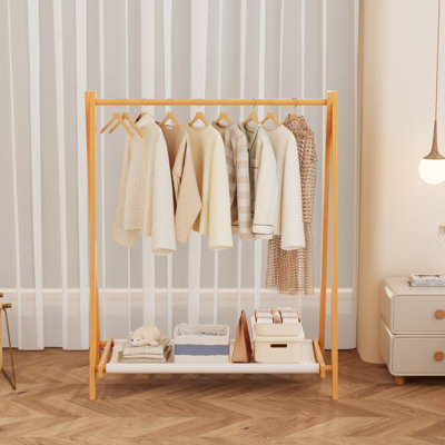 Foldable Beech Wood Garment Hanging Coat Rack Dress Up Clothes Organizerwith With Storage Tray