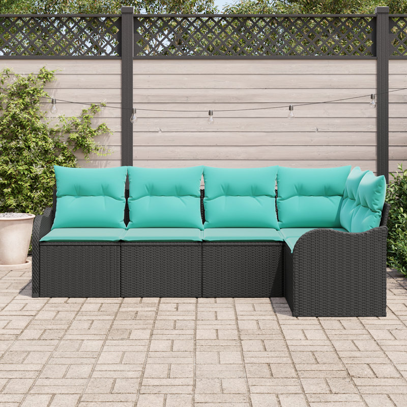 vidaXL Garden Sofa Set Black Poly Rattan, Black Frame/Blue Cushion
