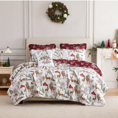 Ensemble de literie réversible Southshore Fine Linens White Christmas, 7 pièces, comprenant 1 courtepointe, 2 taies d'oreiller king, 2 taies d'oreiller carrées, 1 coussin décoratif et 1 housse de coussin, taille king/california king