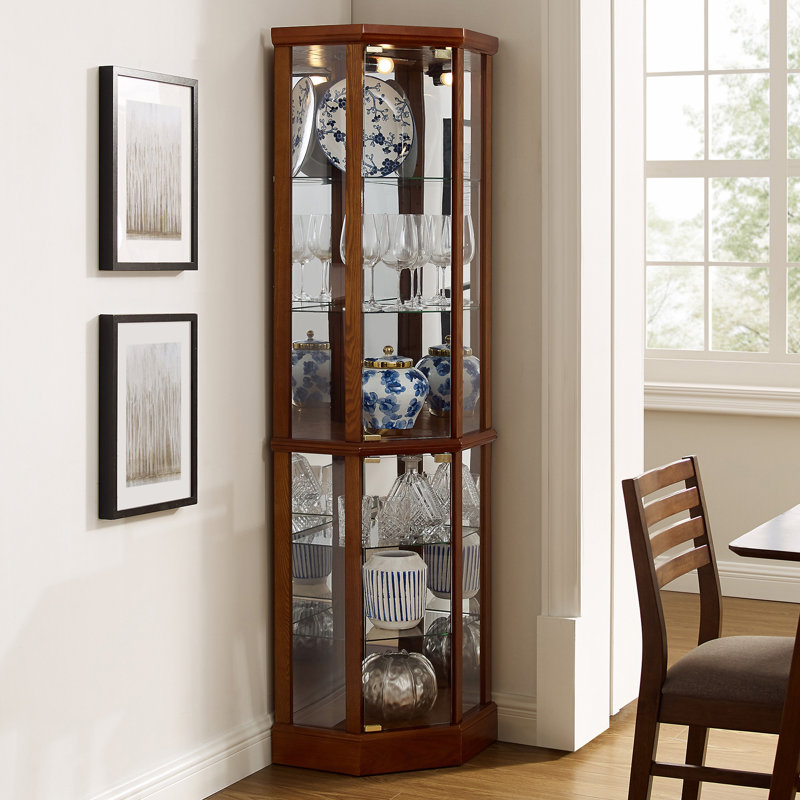 Vitrine de coin lumineuse 6 tablettes avec tablettes réglables en verre trempé et dossier en miroir, Noyer